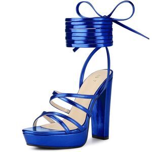Platform Heels Block Strappy Heel Lace Up Heel Sandals Dark Blue